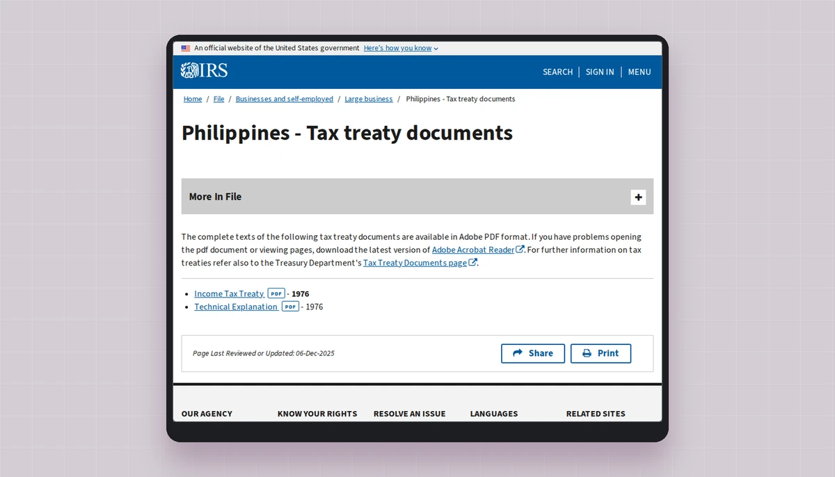 The IRS page for the Philippines treaty documents, where the convention text is published